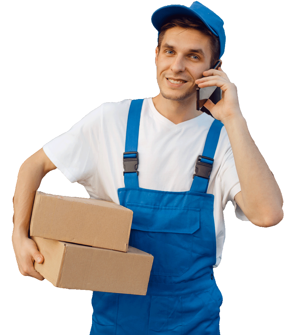 Professional mover holding cardboard boxes and discussing a moving quote by phone