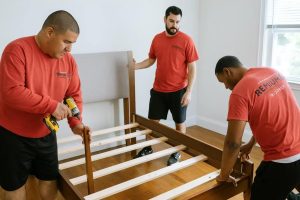 Professional furniture movers and packers in Dubai wrapping a sofa for relocation